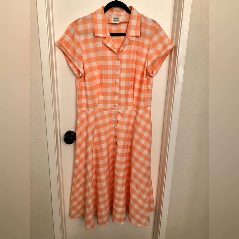 Unique Vintage Gingham Peach Button-Up Swing Dress XL 14 EUC